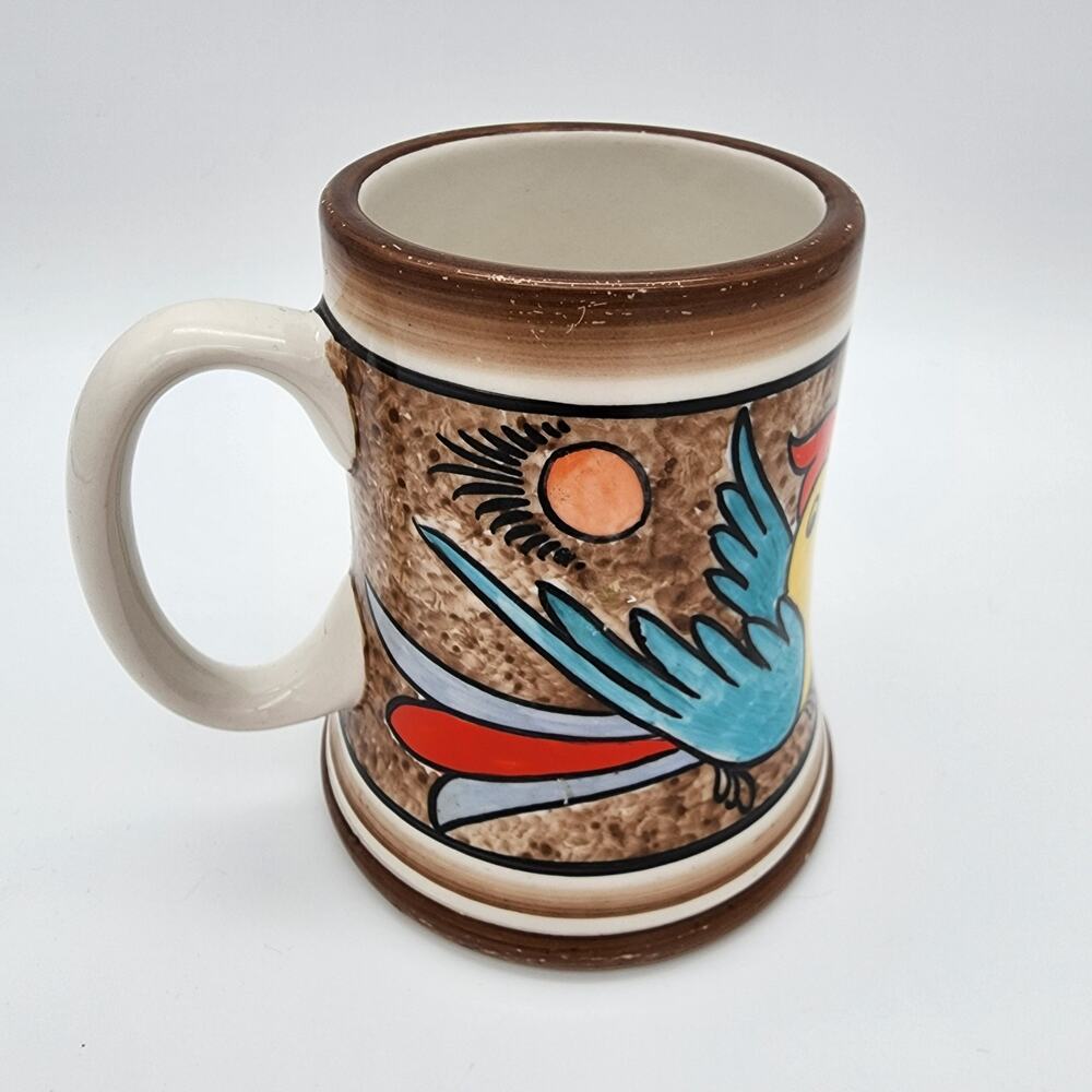 Vintage Bird Motif Coffee Mug Folk Art Hand Painted Colorful Cuernavaca Mexican - Picture 4 of 9